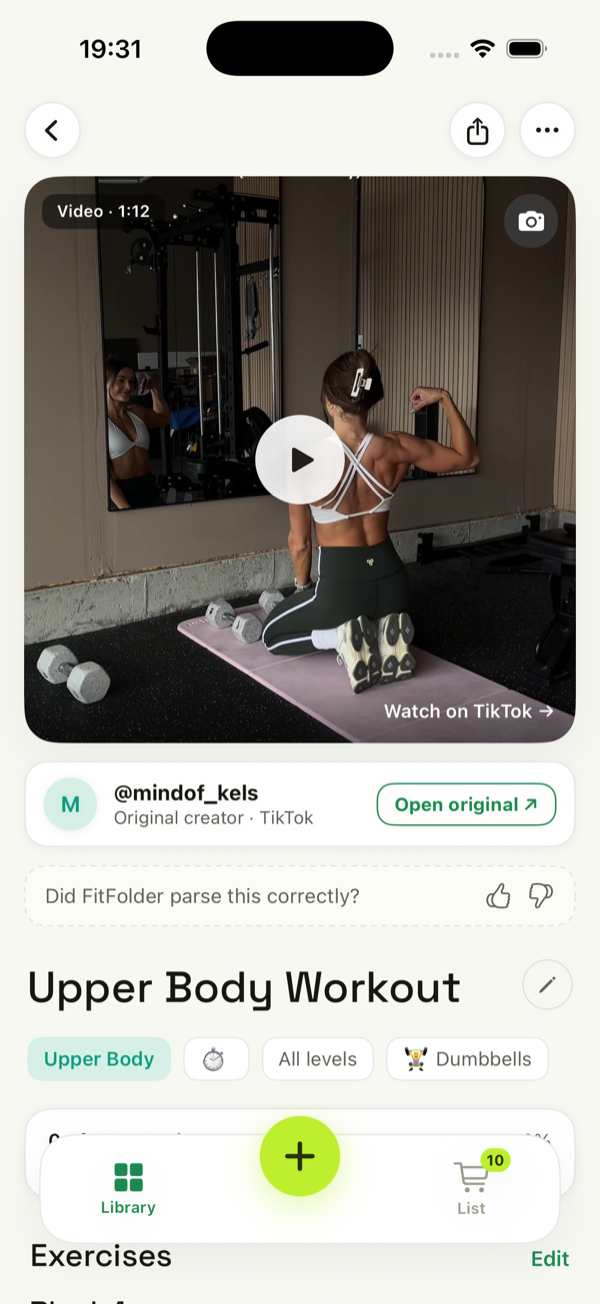 A finished, structured FitFolder workout card with creator credit