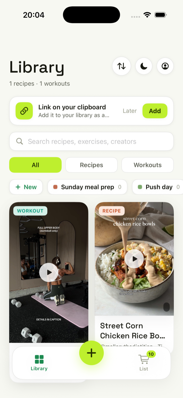 The FitFolder library — saved recipe and workout cards, neatly organized