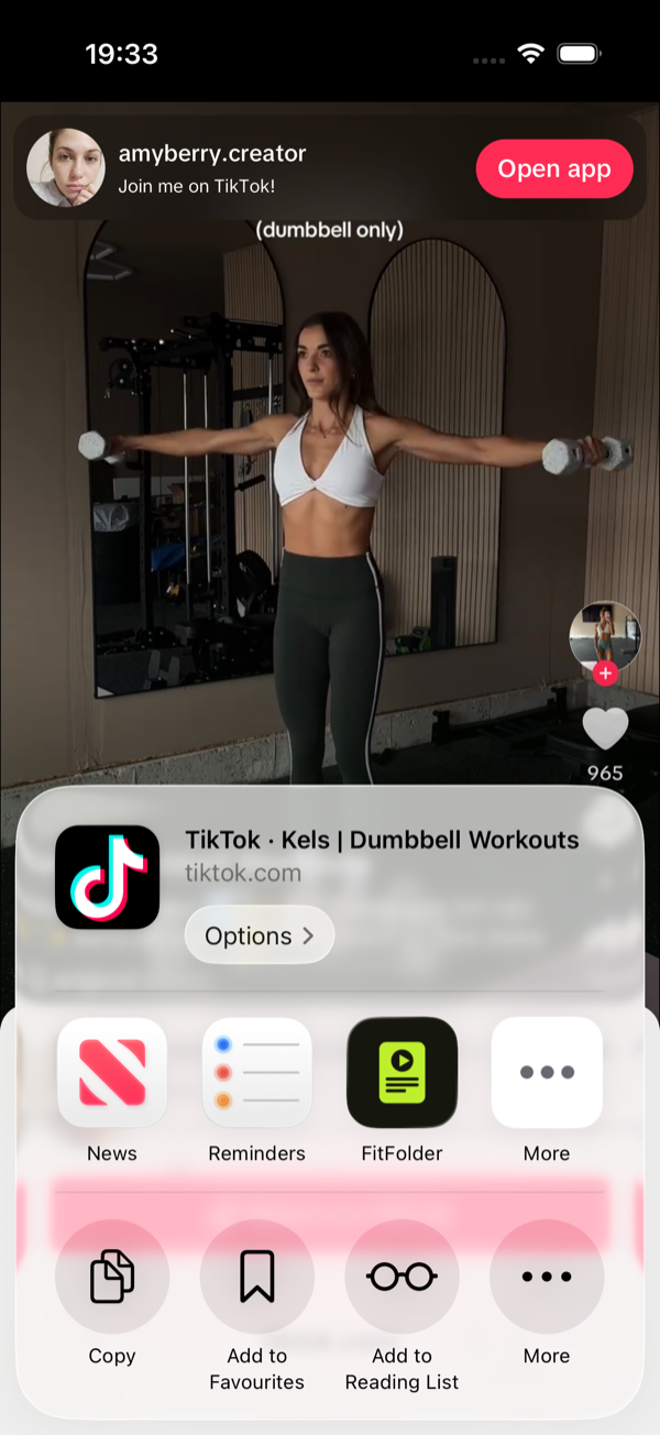 FitFolder in the iOS share sheet, next to other apps